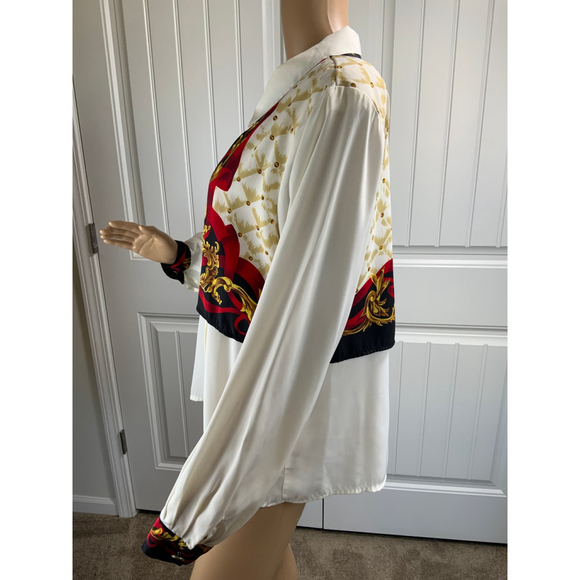 Casual Corner Womens Button-Down Shirt Sz 14 White Decorative Baroque Style Glam - Picture 9 of 14